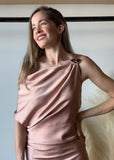 One-shoulder Satin Drape Midi Dress