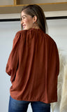 Rust Button-front Tie Neck Blouse