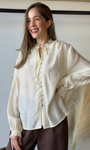 Ivory Button-front Tie Neck Blouse