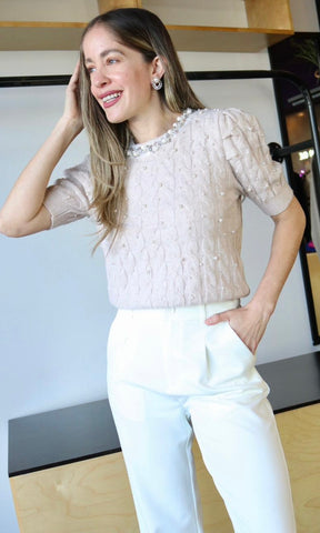 Pearl Detail Short Sleeve Sweater