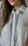 White Rhinestone Button Shirt