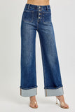 High Rise Ankle Wide Button Down Cuffed Jeans