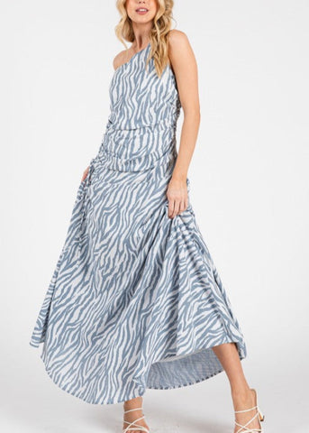 Blue Zebra Print One Shoulder Dress