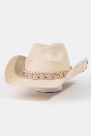 Braided And Studded Strap Faux Suede Cowboy Hat
