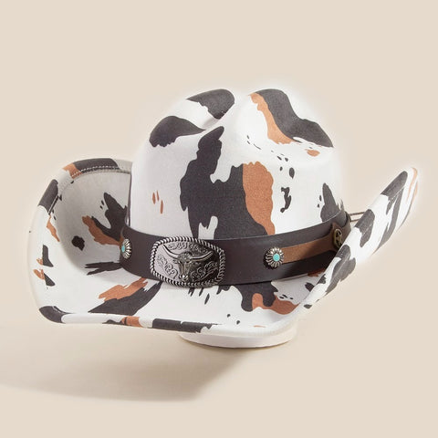 Cow Print Western Long Horn Strap Cowboy Hat