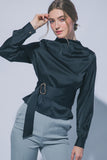 High-neck Satin Wrap Blouse