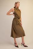 Cowl Neck Sleeveless Waist Tie Midi Dress
