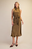 Cowl Neck Sleeveless Waist Tie Midi Dress
