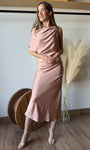 One-shoulder Satin Drape Midi Dress
