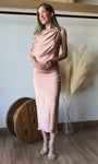 One-shoulder Satin Drape Midi Dress