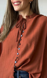 Rust Button-front Tie Neck Blouse