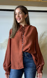 Rust Button-front Tie Neck Blouse