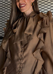 Soft Wool Bow Tie & Pearl Buttons Blouse