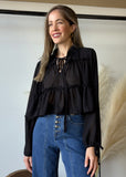 Black Chiffon Boho Ruffle Blouse
