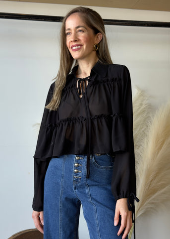 Black Chiffon Boho Ruffle Blouse
