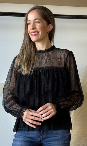 Ruffled Sheer Lace Long Sleeve Blouse
