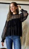 Ruffled Sheer Lace Long Sleeve Blouse