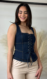 Lace Up Front Sleeveless Denim Top