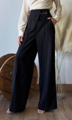 Chain Accent Waist Flap Wide-leg Pants