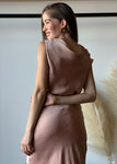 One-shoulder Satin Drape Midi Dress