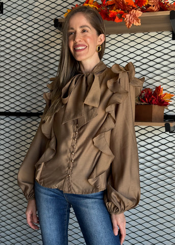 Soft Wool Bow Tie & Pearl Buttons Blouse
