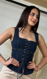 Lace Up Front Sleeveless Denim Top