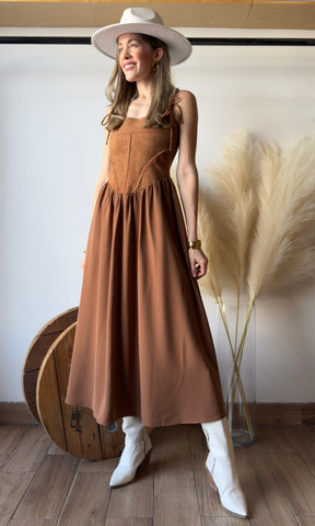Faux Suede Mix Media Corset Midi Dress